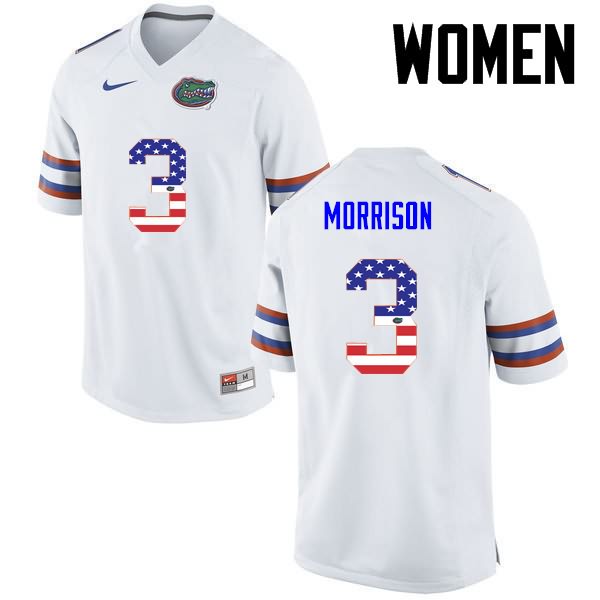 Women's NCAA Florida Gators Antonio Morrison #3 Stitched Authentic USA Flag Fashion Nike White College Football Jersey NBH6465IG